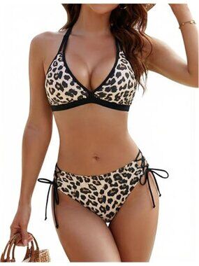 Leopard Print Two Piece Bikini Set Triangle Top String Cheeky Swimsuit Beachwear
